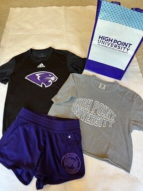 High Point University Gray Tee + Black Adidas Tee + Purple HPU Shorts Set Sz M